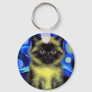 Van Gogh Sterrennacht Siamese kat Sleutelhanger
