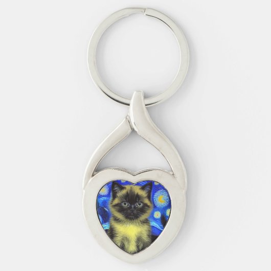 Van Gogh Sterrennacht Siamese kat Sleutelhanger (Voorkant)