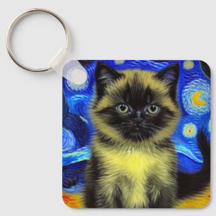 Van Gogh Sterrennacht Siamese kat Sleutelhanger