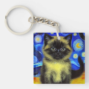 Van Gogh Sterrennacht Siamese kat Sleutelhanger