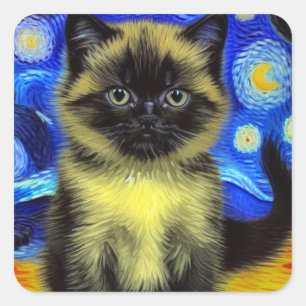 Van Gogh Sterrennacht Siamese kat Vierkante Sticker