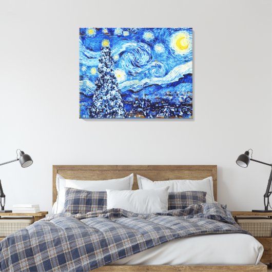 Van Gogh Sterrennacht - Witte kerstboomkappen Canvas Afdruk (Insitu (Slaapkamer))