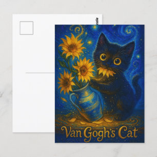 Van Gogh Sterrennacht Zwarte Kat met Zonnebloemen Briefkaart