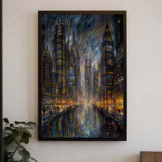Van Gogh stijl futuristische stadslandschap kunst Poster
