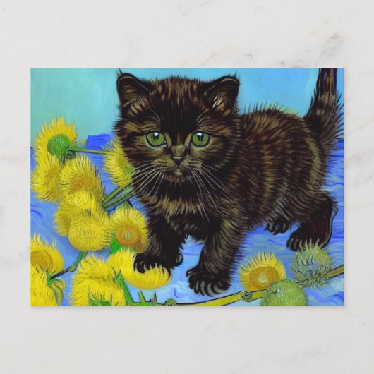 Van Gogh Stijl Kat met Zonnebloemen Briefkaart (Voorkant)