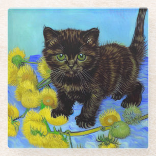 Van Gogh Stijl Kat met Zonnebloemen Glazen Onderzetter