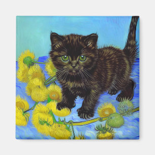 Van Gogh Stijl Kat met Zonnebloemen Magneet