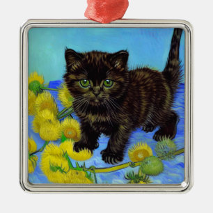 Van Gogh Stijl Kat met Zonnebloemen Metalen Ornament