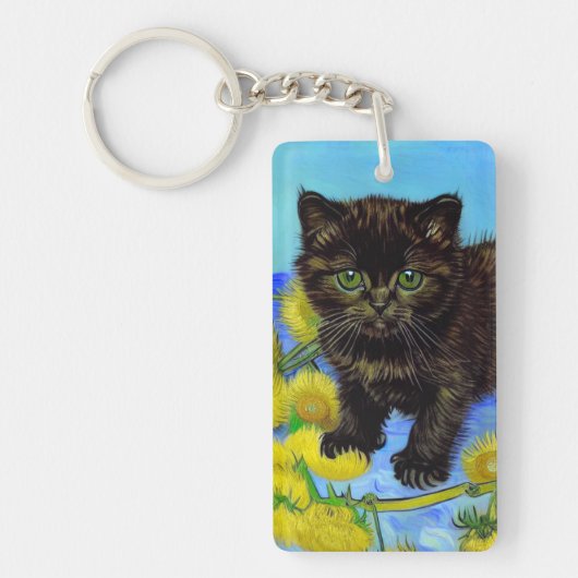 Van Gogh Stijl Kat met Zonnebloemen Sleutelhanger (Voorkant)