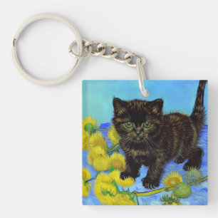 Van Gogh Stijl Kat met Zonnebloemen Sleutelhanger