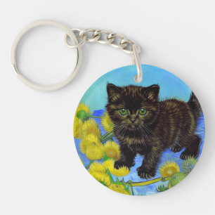 Van Gogh Stijl Kat met Zonnebloemen Sleutelhanger