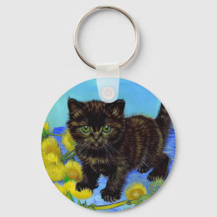 Van Gogh Stijl Kat met Zonnebloemen Sleutelhanger