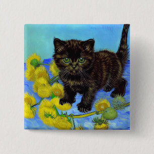 Van Gogh Stijl Kat met Zonnebloemen Vierkante Button 5,1 Cm