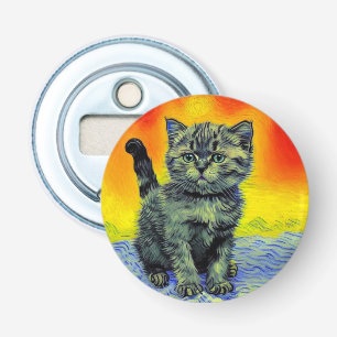 Van Gogh Stijl Kat Zonsondergang Strand Button Flesopener