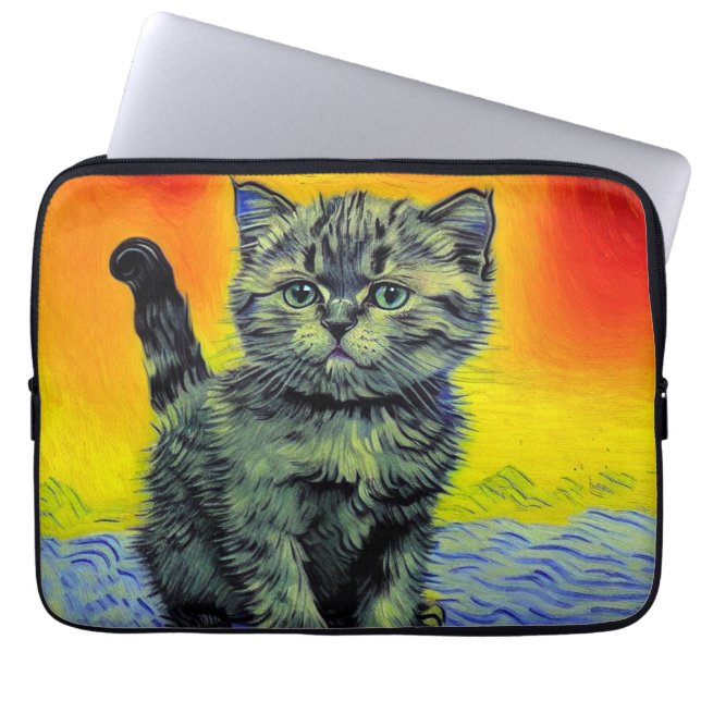 Van Gogh Stijl Kat Zonsondergang Strand Laptop Sleeve (Voorkant)