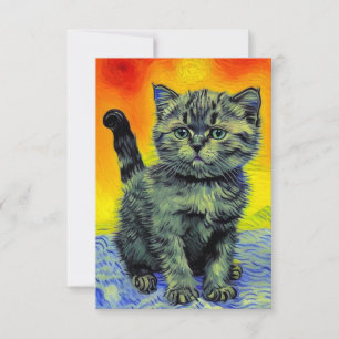 Van Gogh Stijl Kat Zonsondergang Strand RSVP Kaartje