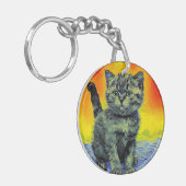 Van Gogh Stijl Kat Zonsondergang Strand Sleutelhanger (Voorkant Links)