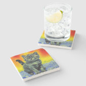 Van Gogh Stijl Kat Zonsondergang Strand Stenen Onderzetter (Zijkant)