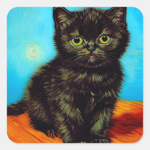 Van Gogh Stijl Pouting Kitten Vierkante Sticker