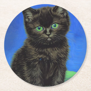 Van Gogh Stijl Zwart Kitten Ronde Kartonnen Onderzetter