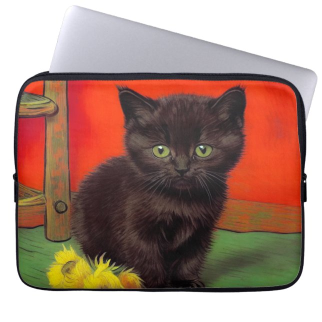 Van Gogh Stijl Zwarte Kat Laptop Sleeve (Voorkant)