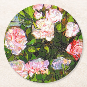Van Gogh Stilleven met roze rozen Ronde Kartonnen Onderzetter