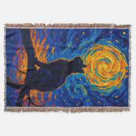 Van Gogh Style Black Cat Gazing at the Moon Deken