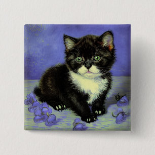 Van Gogh Tuxedo Kitten Vierkante Button 5,1 Cm