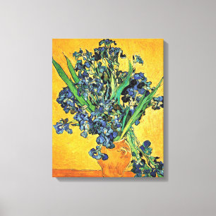 Van Gogh - Vaas met irissen en gele achtergrond Canvas Afdruk