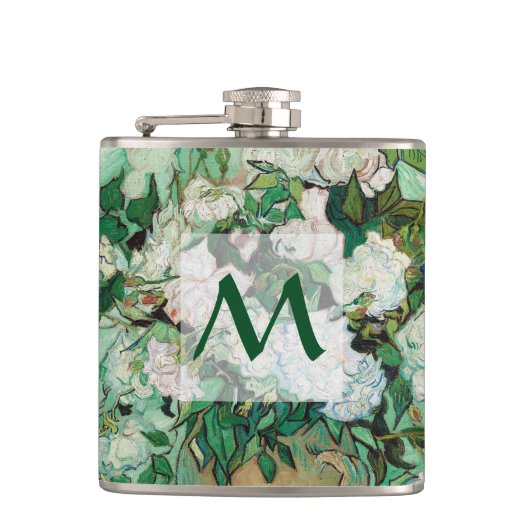 Van Gogh Vaas met Roze Rozen Bloemenkunst Monogram Heupfles (Voorkant)