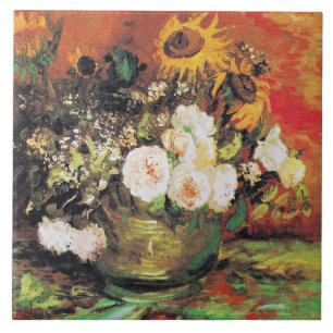 Van Gogh - Vaas met zonnebloemen, rozen... Tegeltje
