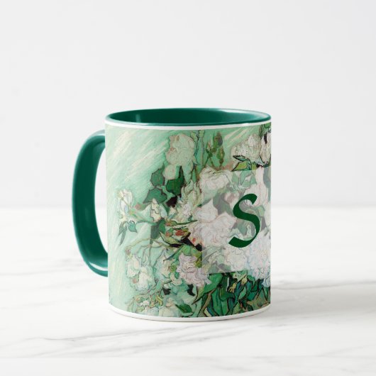 Van Gogh Vase met roze rozen  Art Monogram Mok (Voorkant links)
