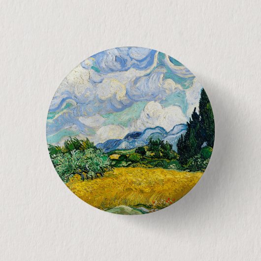 Van Gogh Wheat Field met Cypresses. Impressionisme Ronde Button 3,2 Cm (Voorkant)