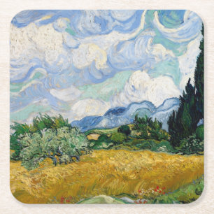 Van Gogh Wheat Field met Cypresses Vierkante Kartonnen Onderzetter
