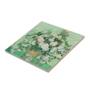 Van Gogh Witte Rozen - Vintage Mint Bloemkunst Tegeltje