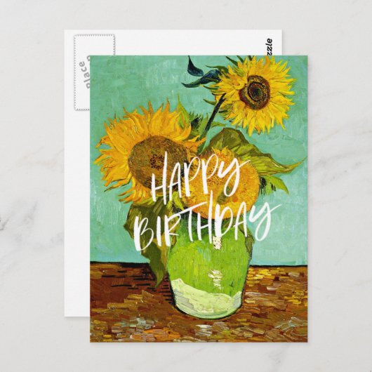 Van Gogh - Zonnebloemen, Drie, Gefeliciteerd! Briefkaart (Voorkant / Achterkant)