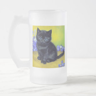 Van Gogh Zwart Kat Paarse Bloemen Matglas Bierpul