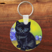 Van Gogh Zwart Kat Paarse Bloemen Sleutelhanger (Voorkant)