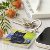 Van Gogh Zwart Kat Paarse Bloemen Sleutelhanger (Voorkant Rechts)