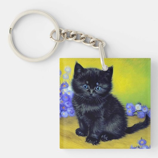 Van Gogh Zwart Kat Paarse Bloemen Sleutelhanger (voorkant)
