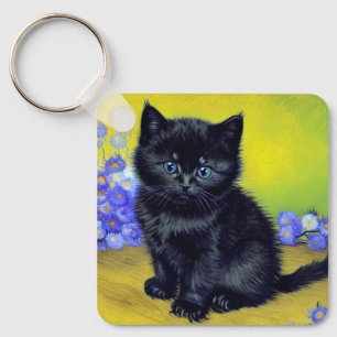 Van Gogh Zwart Kat Paarse Bloemen Sleutelhanger