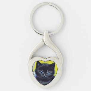 Van Gogh Zwart Kat Paarse Bloemen Sleutelhanger