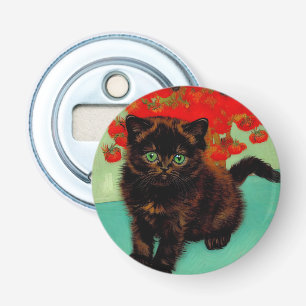Van Gogh Zwart Kat Rood Bloemen Button Flesopener