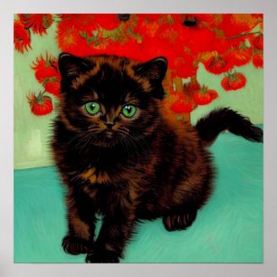 Van Gogh Zwart Kat Rood Bloemen Poster