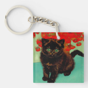 Van Gogh Zwart Kat Rood Bloemen Sleutelhanger