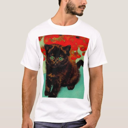 Van Gogh Zwart Kat Rood Bloemen T-shirt (Voorkant)