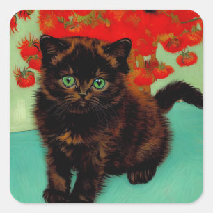 Van Gogh Zwart Kat Rood Bloemen Vierkante Sticker