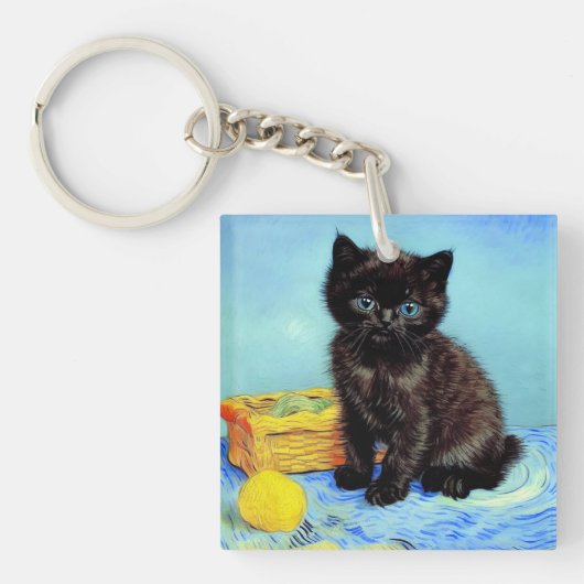 Van Gogh Zwart Kitten met garen Sleutelhanger (voorkant)