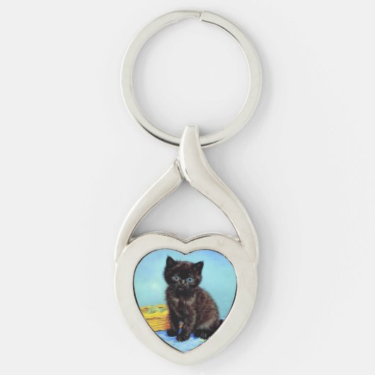 Van Gogh Zwart Kitten met garen Sleutelhanger (Voorkant)