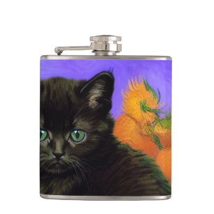 Van Gogh Zwart Kitten met Zonnebloemen Heupfles
